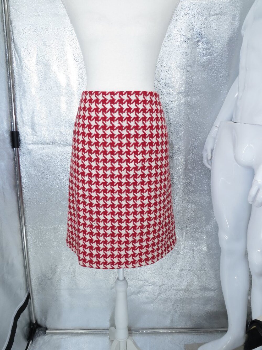 Talbots Wool Houndstooth Mini Pencil Skirt Red Cream Size 16 Mid Rise Straight